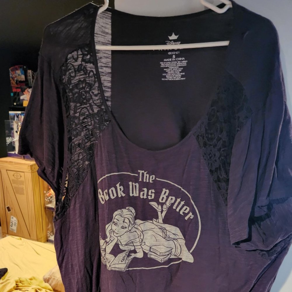 Torrid 5 Belle tshirt with lace sleeves, navy